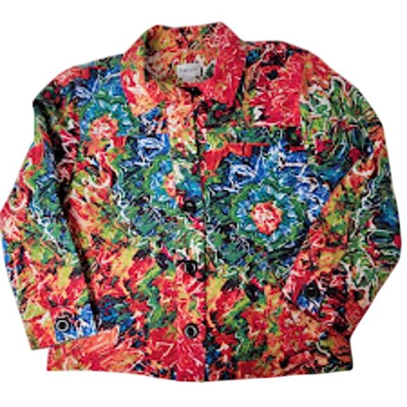 Chico’s Bold Floral Crinkle Button Up Shacket Women’s Size 0 S Cotton Silk Blend - Picture 1 of 9